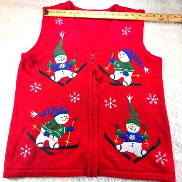 Bobbie Brooks Skiing Snowman & Snowflake Knit Zip-Up Vest Red Embellished Large. - Picture 7 of 11